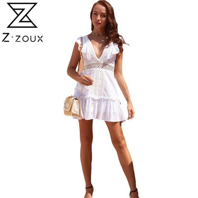 Women Dress White Lace es Deep V Neck Hollow Out Sexy Bohemian Ruffles Sleeveless High Waist Beach es 210513