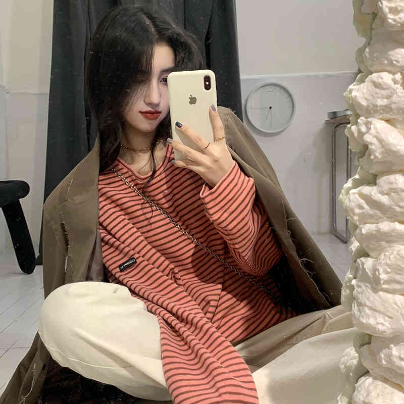 2 colors autumn winter korean style Women Sweatshirts Long Sleeve letter stripe thick Sweatshirt Womens pullovers (C2936) 210423