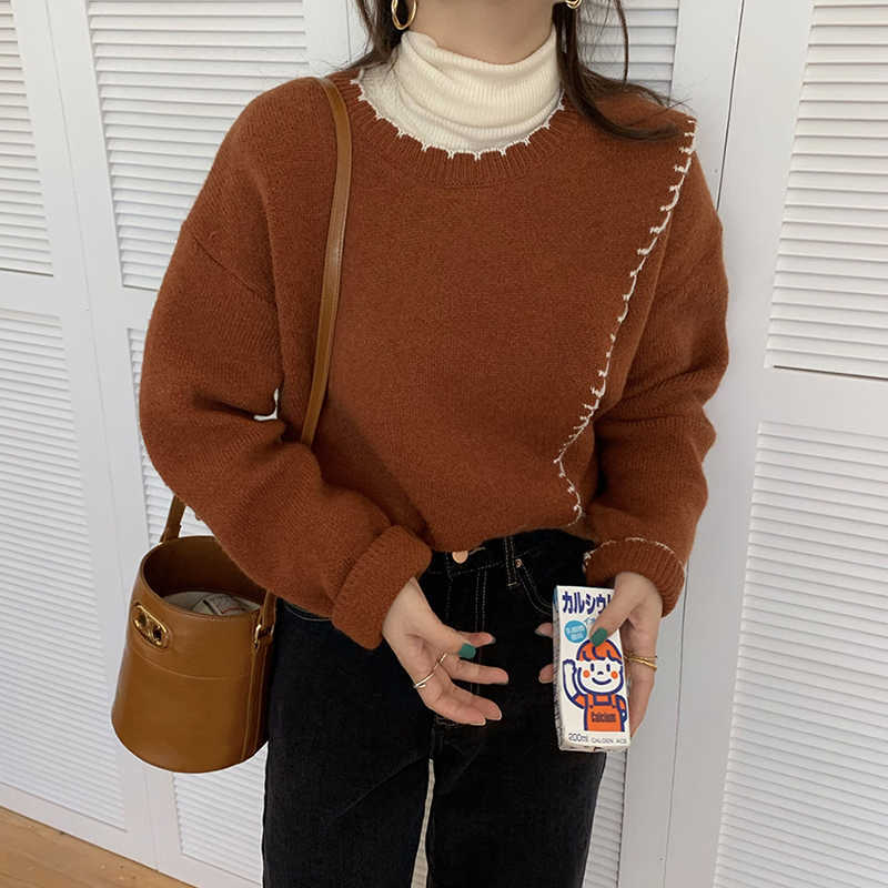 LY VAREY LIN Autumn Women O-neck Contrast Loose Split Long Sleeve Pullover Fashion Knitwear Tender Casual Office Lady 210526