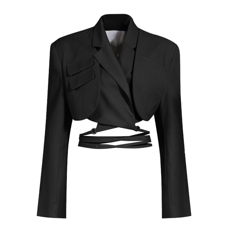 Autumn Sexy Bandage Cross Hollow Out Backless Blazer Patchwork Pleated Asymmetry Skirts Long Sleeve Suits 2 Pieces Set 210429