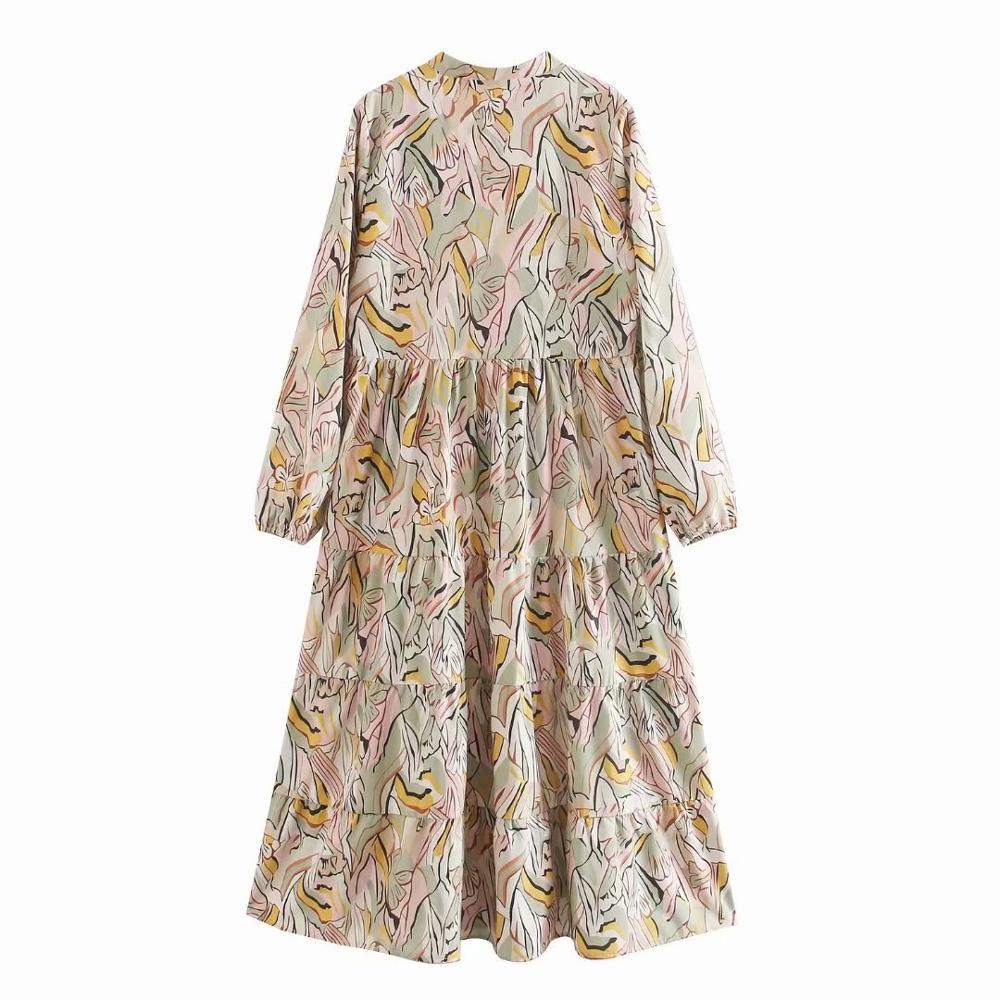 Lacing up V neck Contrast color Print Long Sleeve Dress Holiday Women Spliced Pleated Ruched Loose Dresses 210429