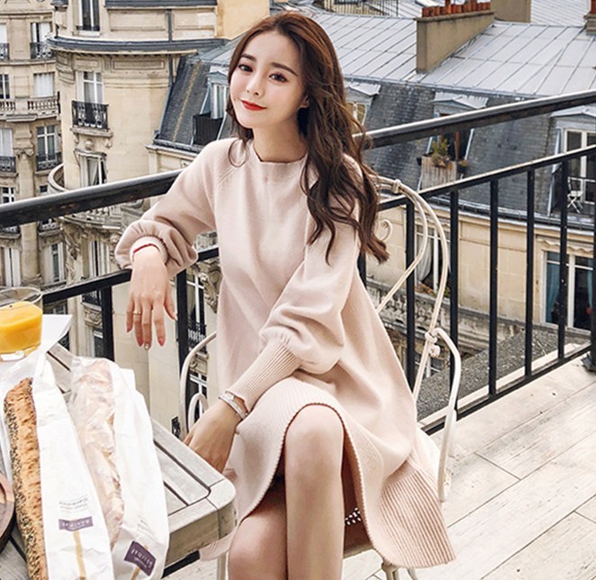 Spring Autumn Korea Dress Women Knitting Oversize fashion Midi Dress Lantern sleeve Fashion casual Sweater Dresses 210518