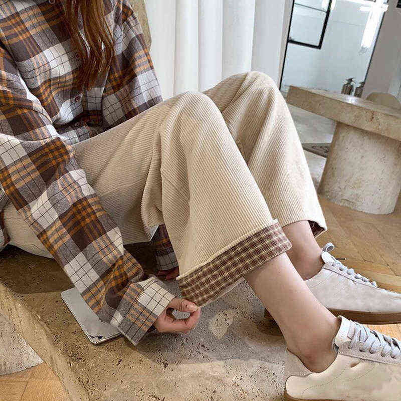 Lucyever Pink Corduroy Wide Leg Pants Women Autumn Winter Warm Plush Woman Korean High Waist Loose Trousers Female 211115