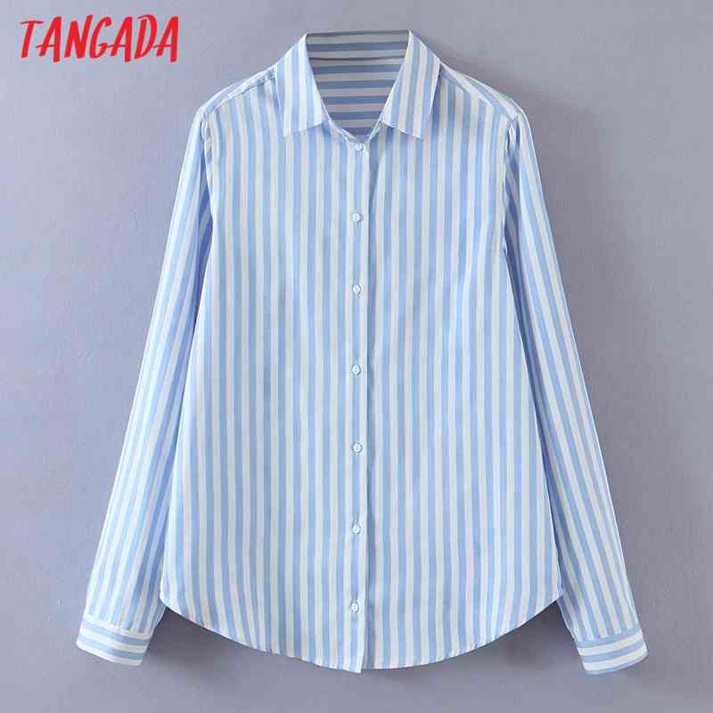 Women Vintage Striped Print Long Sleeve Spring Chic Female Casual Loose Shirt SL524 210416