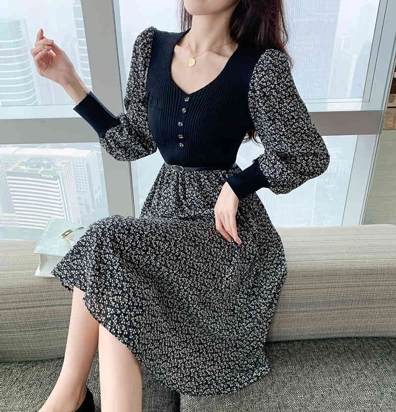 Elegant Knitted Patchwork Midi Dress Autumn Winter Women Long Sleeve Retro Printing Casual Slim 210519