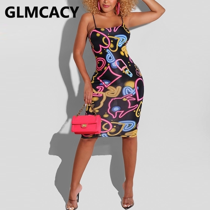 Spaghetti Strap Funny Printed Slim Midi Dress 210702