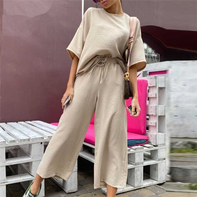 Sexy Fashion Khaki Women's Set Summer Casual Two Piece Set Short Sleeve Tops Shirt And Loose Beach Pants Set Bottom Suit Outfits 210707