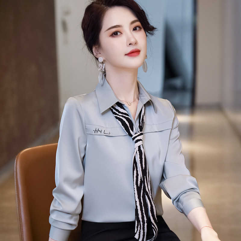 High End Shirt Women Black White Formal Spring All-Match Satin Blouses Office Ladies Fashion Work Tops 210604
