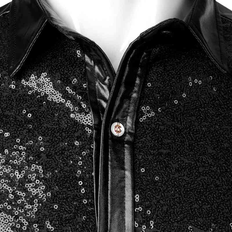 Black Sequin Glitter Dress Shirt Men Shiny Long Sleeve Button Down 70s Disco Party Dance Shirt Male Christmas Halloween Costume 210410