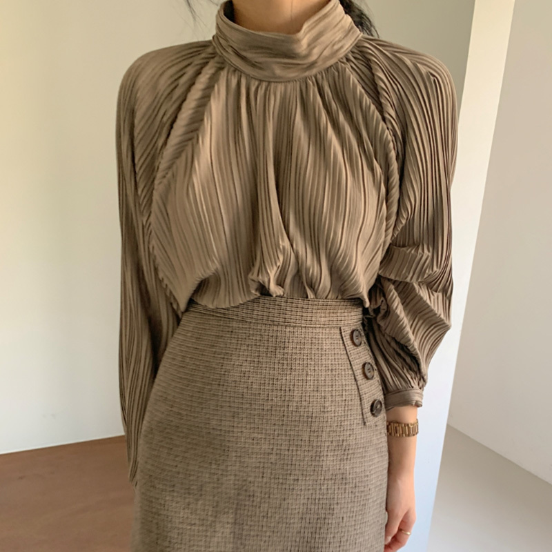 Ropa De Mujer Women Tops and Bloues Stand Collar Elegant Formal Pleated Blusa OL Spring Korean Chic Casual Shirts 210519