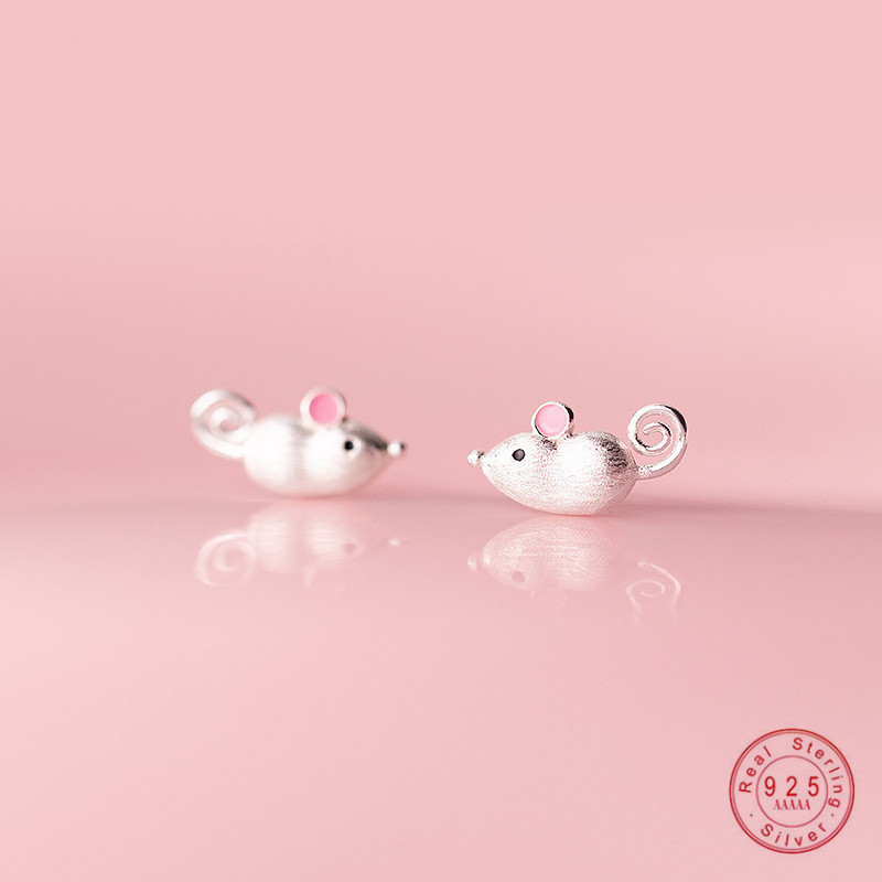 WANTME 100% 925 Sterling Silver Jewelry 3D Personalized Rat Mouse Stud Earrings For Women Girls Fashion Animal Pendientes Mujer 210507