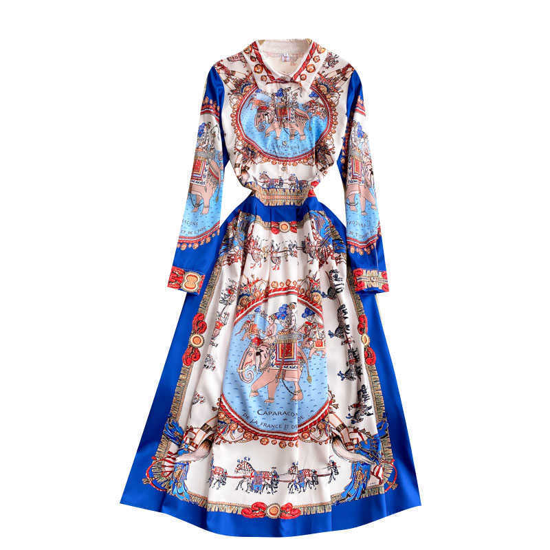 DEAT Women Blue Printign Midi-long Dress Lapel Longd Sleeve Arrivals Lady Temperament Fashion Spring Summer 11D1146 210709