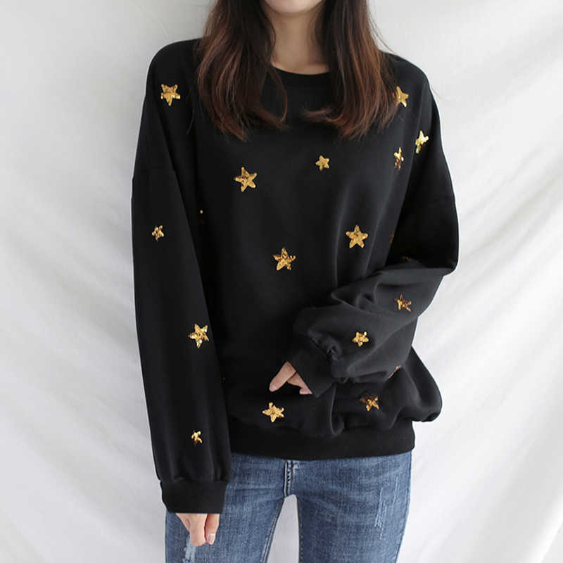PERHAPS U Women Autumn Winter Crew Neck Black Star Sequined Bling Sweatshirts Pullovers Casual H0037 211019