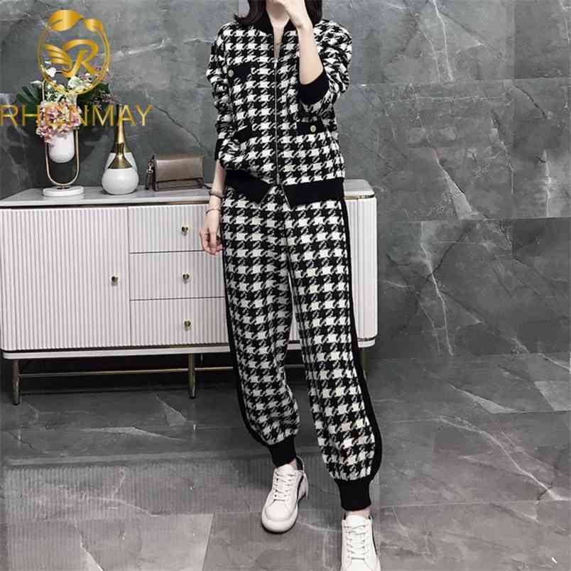 Women Fall Knit Sweatshirts Suit Knitted Tracksuit Houndstooth Black 2 Piece Set Zipper Plaid Cardigan Coats Pants Two 210506