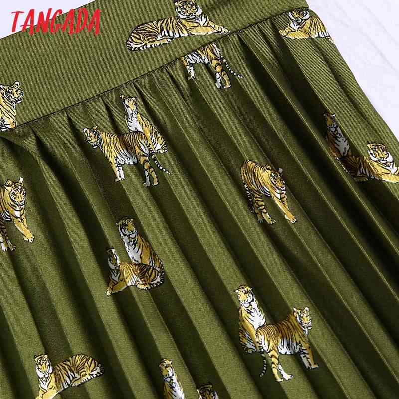 Women Print Green Pleated Midi Skirt Faldas Mujer Vintage Side Zipper Office Ladies Elegant Chic Mid Calf Skirts BE426 210416