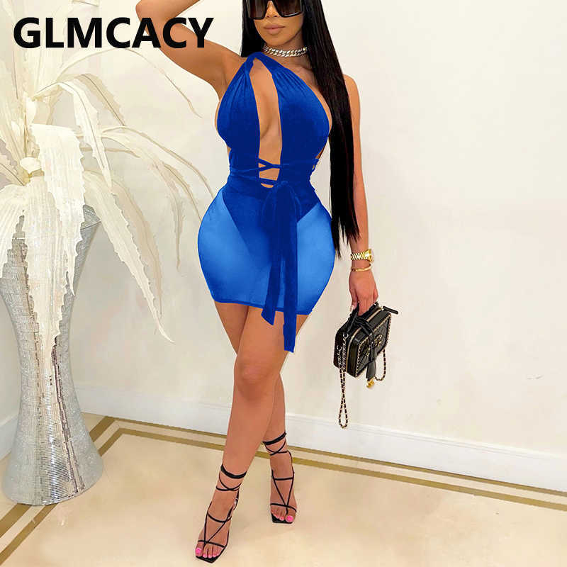One Shoulder Mesh Insert Bodycon Dress Sexy Summer Party Clubwear 210702