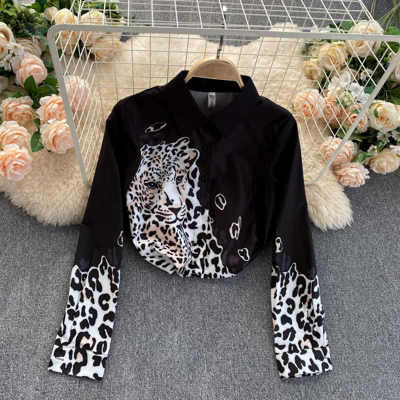 Women's Blouse Spring Summer Long Sleeve Leopard Print Shirt Lapel Collar Single Breasted Casual Tops 210603