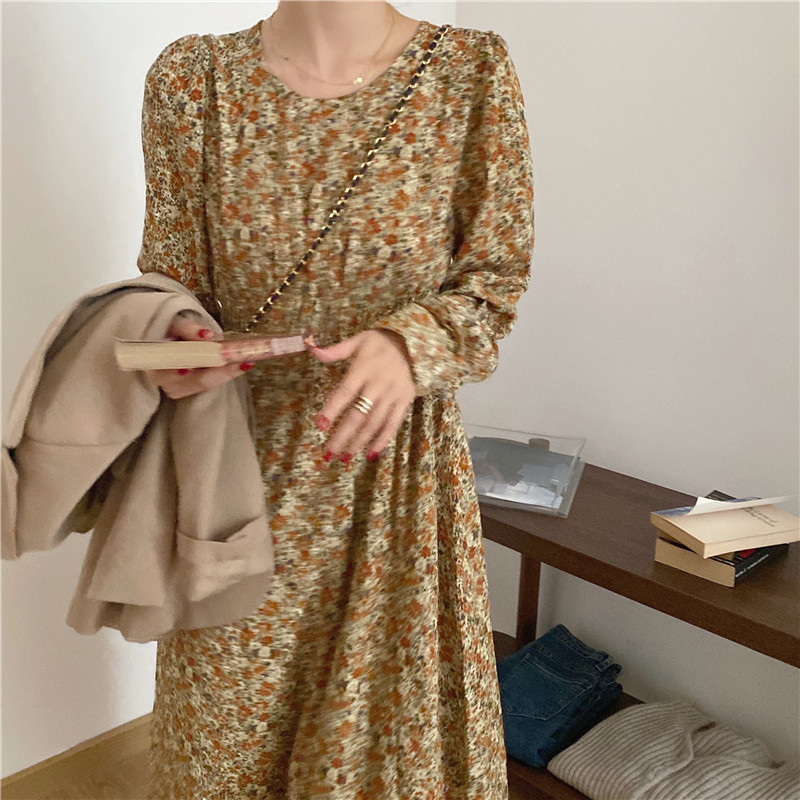 Spring Autumn Women Ladies Sleeve Boho All-Match O Neck Floral Print Robe Medium Long T-Shirt Dress T0D24C 210416