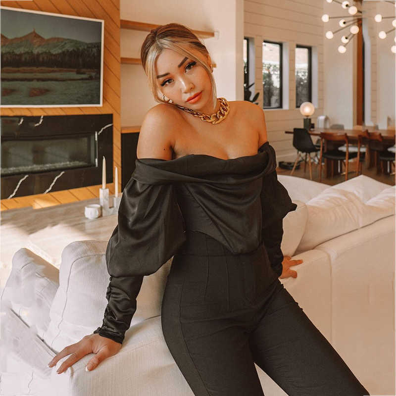 Colysmo Puff Sleeve Shirts Off Shoulder Top Elastic Lining Back Boning Zipper Buttons Black Satin Crop Fashion Women Blouses 210527
