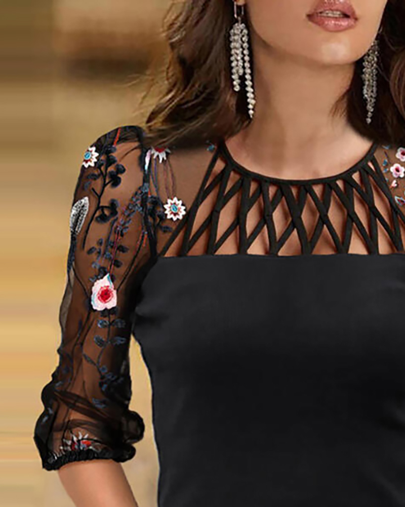 Spring Women Hollow Out Blouse Femme Sheer Mesh Floral Embroidery Puff Sleeve Casual Top Office Lady Elegant Outfits 210415