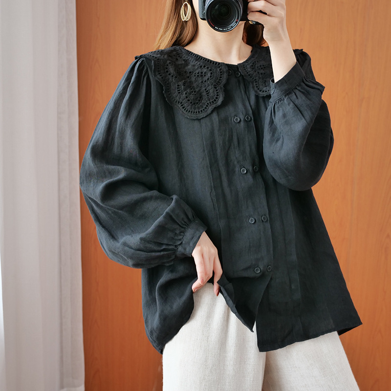 Johnature Women Black Vintage Loose Shirts Linen Autumn Blouses Button Peter Pan Collar Female Clothes Casual Shirt Top 210521
Johnature Women Black Vintage Loose Shirts Linen Autumn Blouses Button Peter Pan Collar Female Clothes Casual Shirt Top 210521