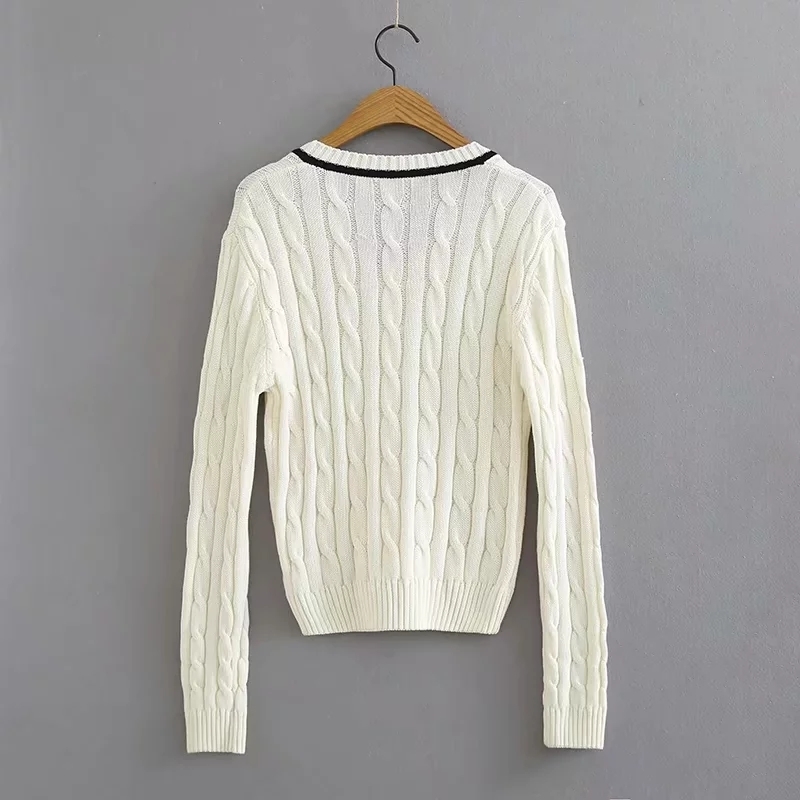 Women Knit Cotton Striped V Neck Sweater In Creme Cable Pullover Crop Top 210512