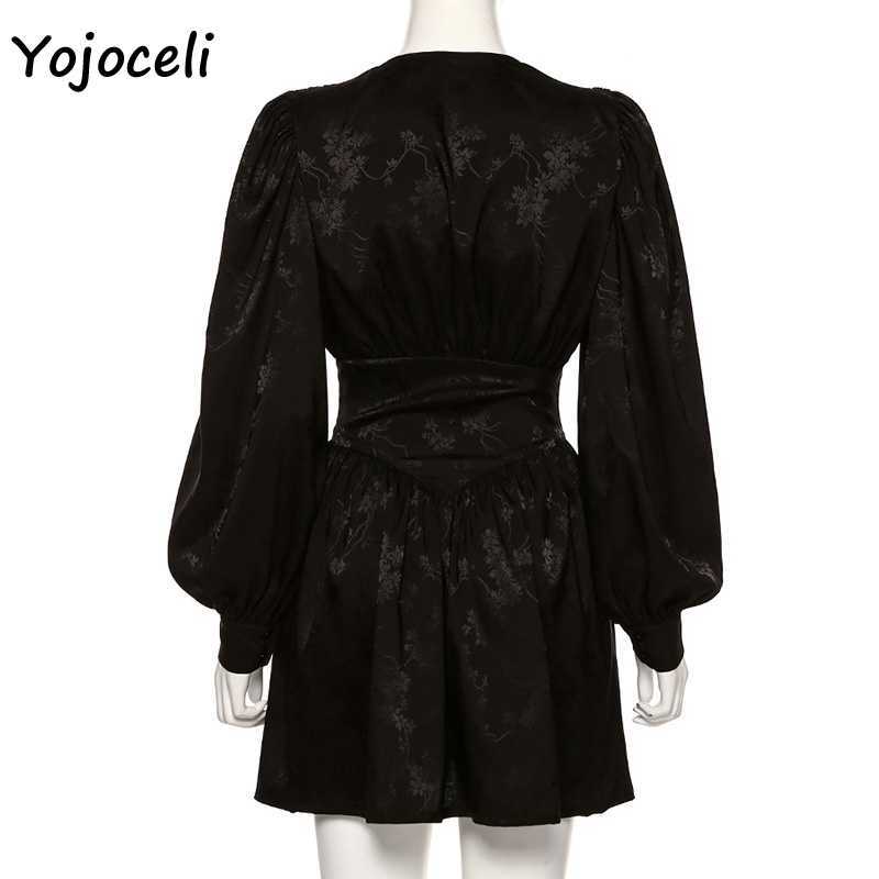 Yojoceli black jacquard v neck dres lantern sleeve skater mini 210609