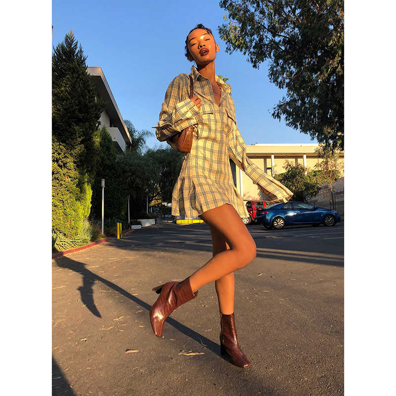 dress for women Plaid shirt pleated waist sexy French ruffled robe 210623