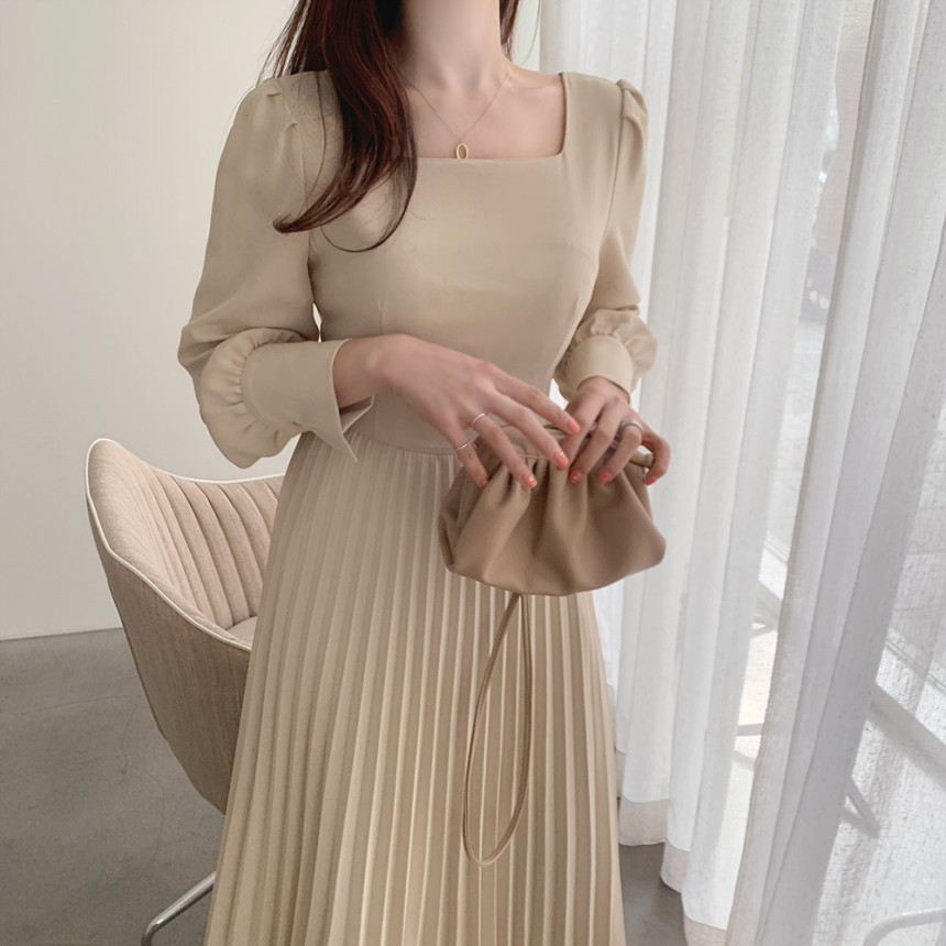 Autumn Korea Chic Pleated Dress Women's Long Sleeve Casual Solid Temperament Lady Vestido Da Festa 210520