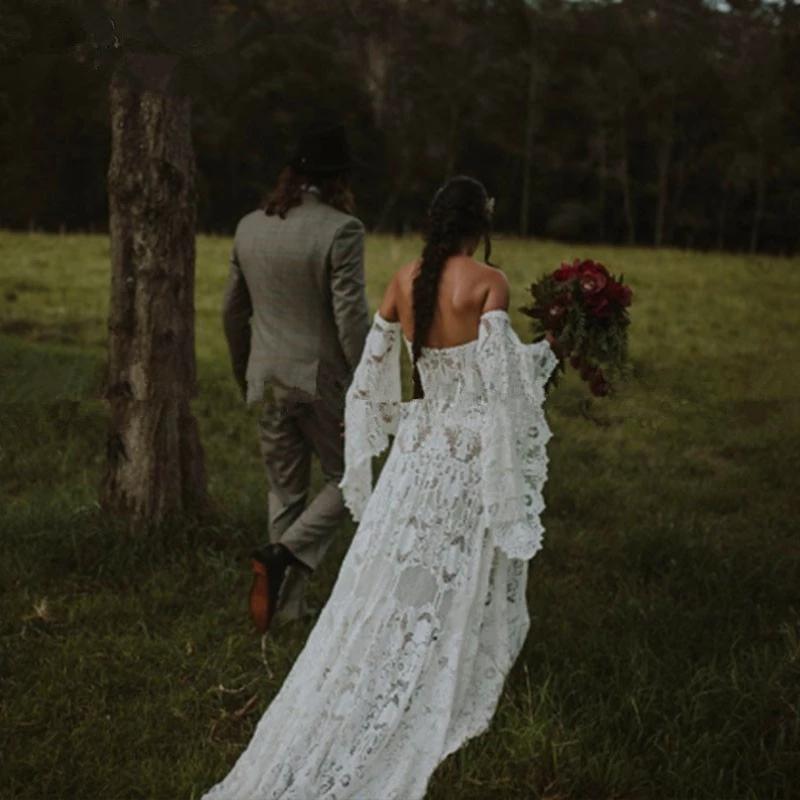 Crochet Lace Boho beach Wedding dress with Long Sleeve 2022 Off Shoulder Countryside Bohemian Celtic Hippie Bride Dresses Robe