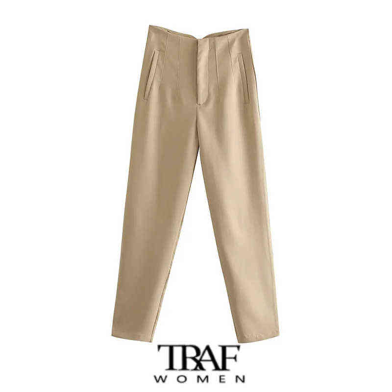 TRAF Za Women Chic Fashion With Seam Detail Office Wear Pants Vintage High Waist Zipper Fly Female Ankle Trousers Mujer 211115