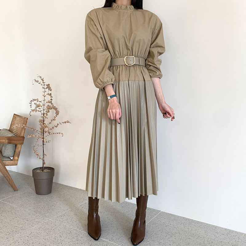 Elegant Stand Collar Women Solid Patchwork Belt Dress OL Style Long Sleeve Pleated Mid-length Dresses Female Vestidos 210519