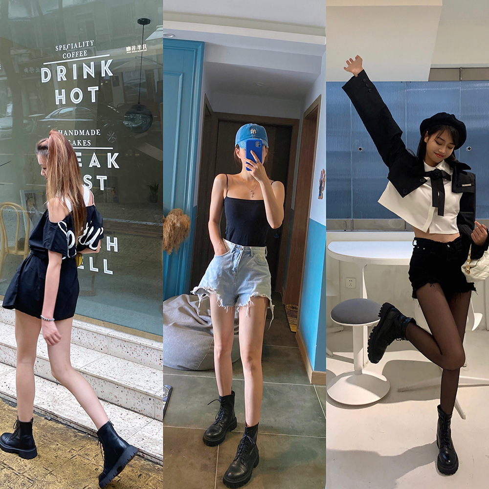 Wonen Soft Leather Short Boots British Style Thick-soled Motorcycle Martin Boots