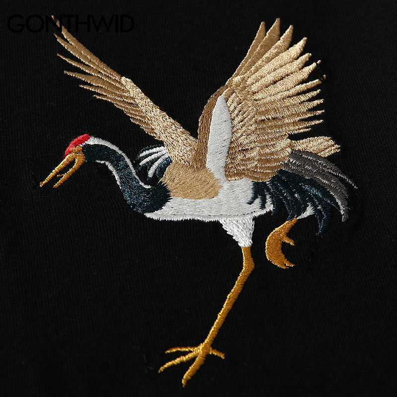 GONTHWID Harajuku Embroidery Crane Tees Shirts Mens Hip Hop Streetwear Tshirts Summer Fashion Casual Short Sleeve Tops Male 210623