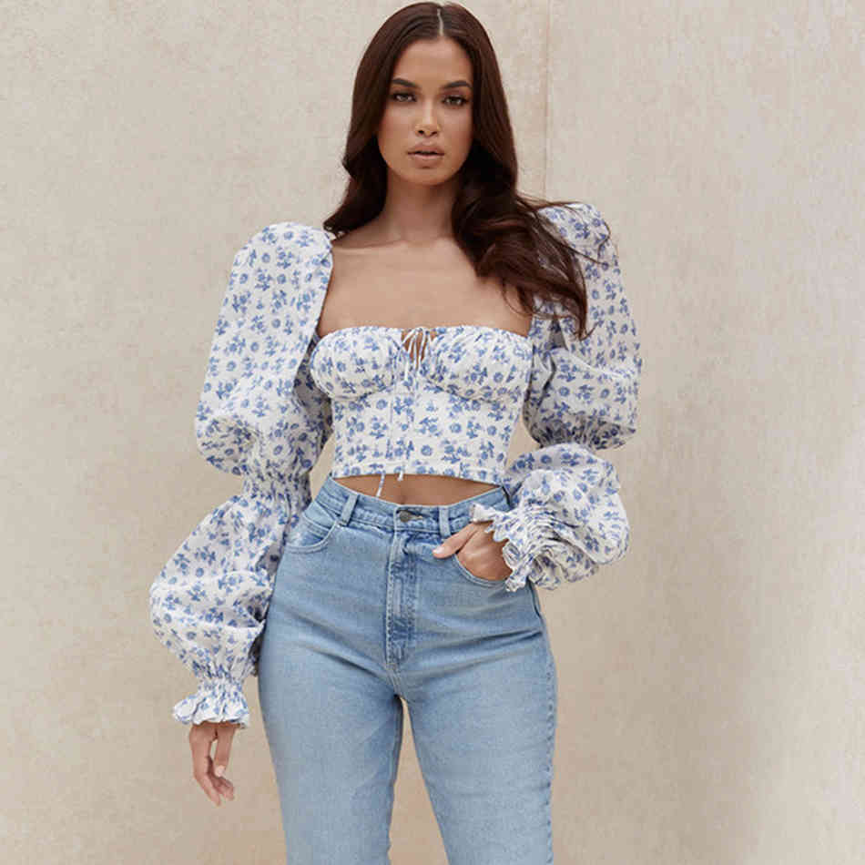 Autumn Fashion Blue Short Tops Sexy Long Puff Sleeve Women Print Club Celebrity Casual Runway Party Crop Top 210423