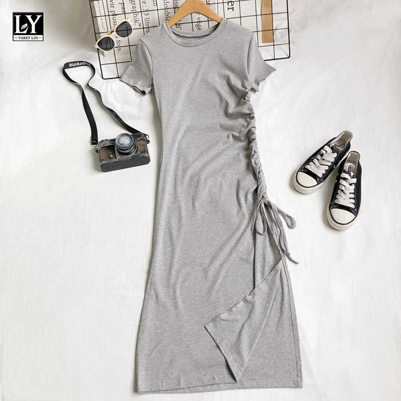 LY VAREY LIN Summer Women Slim Shirring Frenulum Solid Color Medium Long Dress Casual O-neck Short Sleeve High Waist Dresses 210526