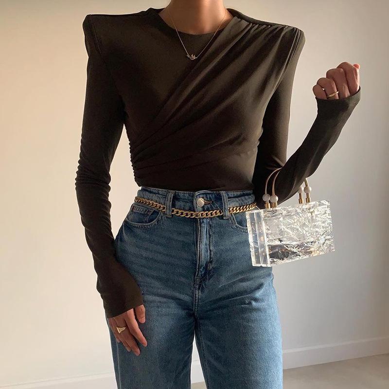 Women's T-Shirt Shoulder Padded Shrug T Shirt Women Brown Autumn Winter Turtleneck Elegant Fashion Basic Solid Long Sleeve Crop Tops