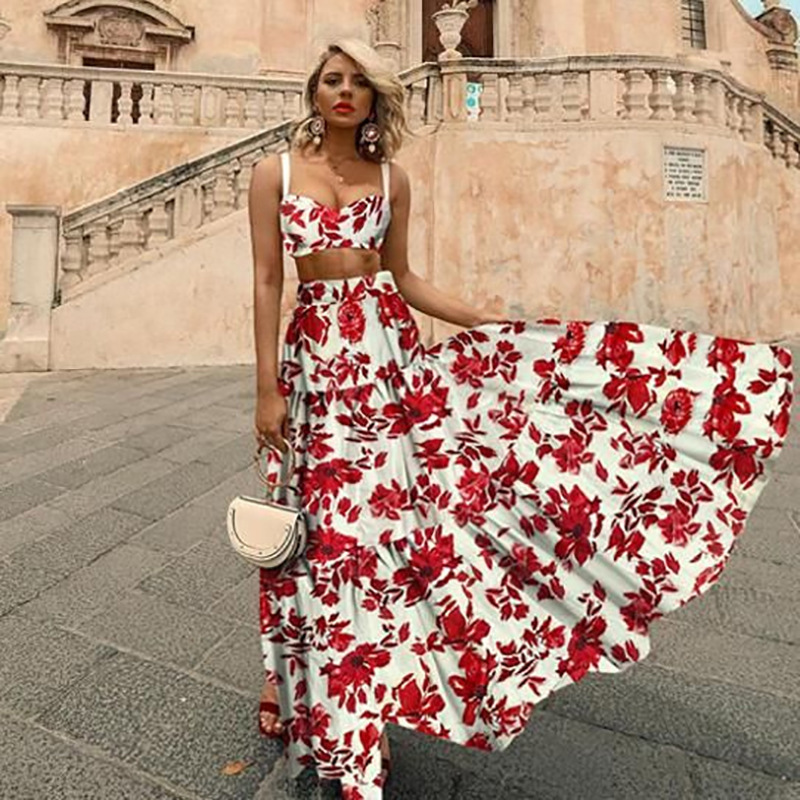 Women Set Top Skirts Sleeveless Short Sling Tops High Waist Long Plus Size Printing Sexy Sets 210524