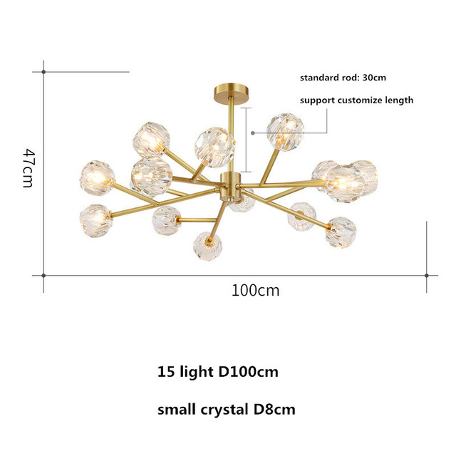American RH Loft K9 Cristal G9 Led Chandelier Lamps Lustre Luminarias Gold Black Metal Branch Lighting Living Room Fixtures