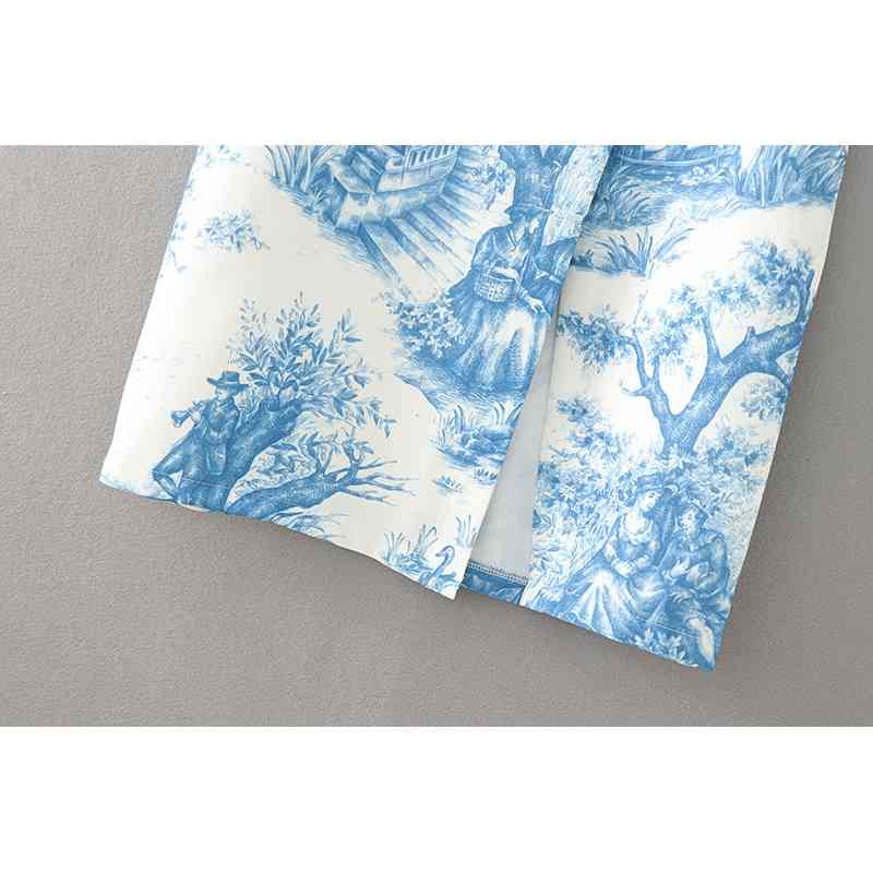 elegant women blue and white printing skirts fashion ladies side slit female button girls chic 210430