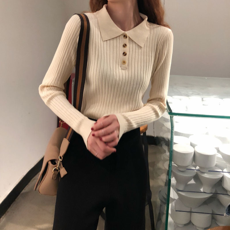 Turn Down Collar Button Eibbed Solid Stripe Knitwear Tops Women High Elastic Slim Sweater Base Shirt Elegant Knitted Jumper 210522