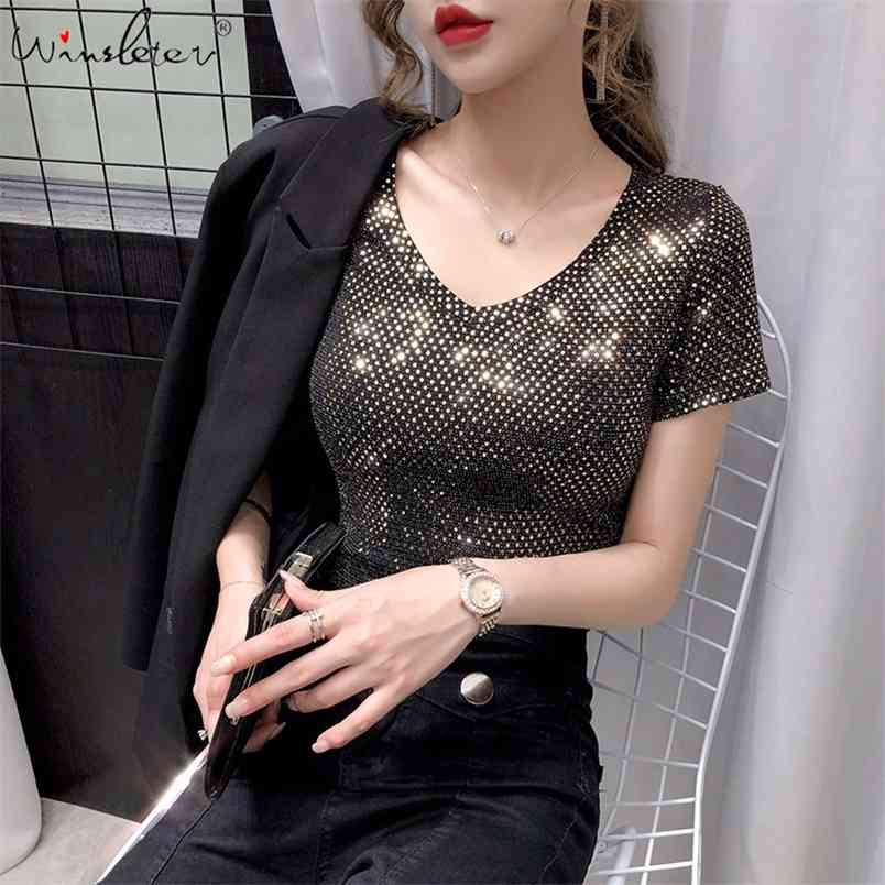 Fall Summer European Clothes T-Shirt Fashion Shiny Sequins Women Tops Short Sleeve Bottoming Shirt Girl Tees New T06405 210406