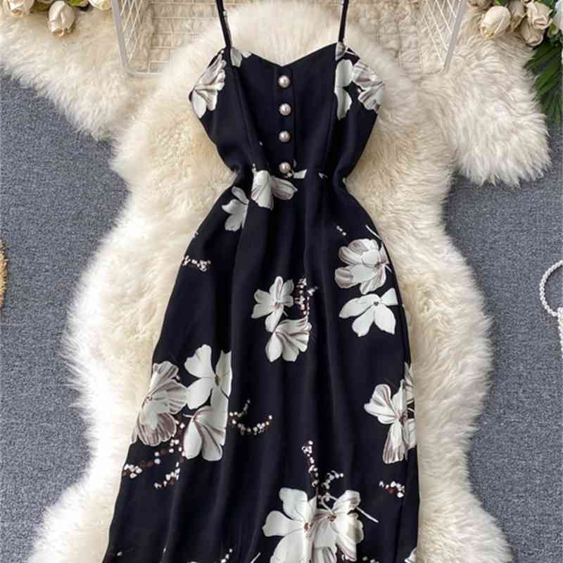 Sexy Spaghetti Strap Women Dress Vintage Floral Print Sleeveless Button Dresses Ladies High Waist Back Bandage Vestidos 210422
