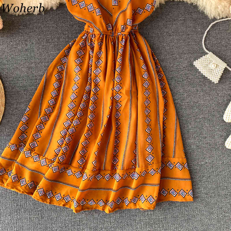 Sexy V-neck Backless Floral Print Vestidos Slim Waist Chiffon Dress Women Summer A-line Spaghetti Strap Dresses 25753 210519