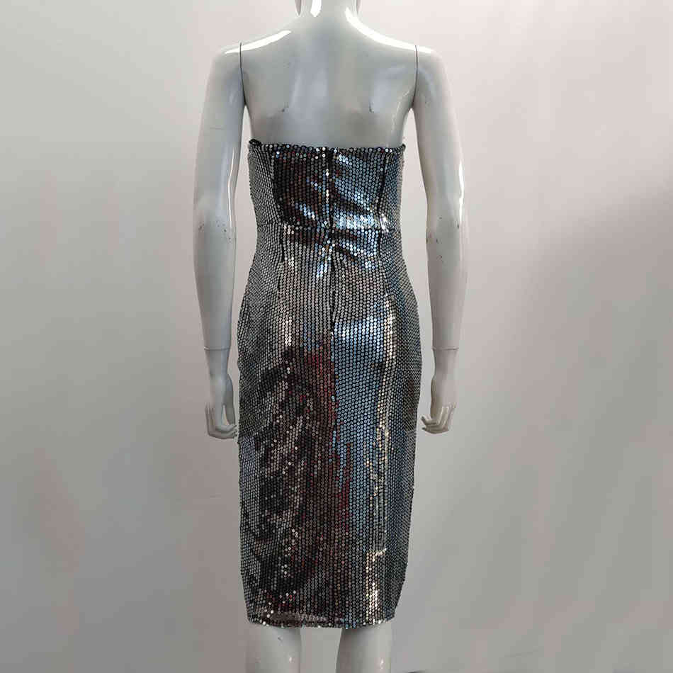 Women'S High Quality Silver Sexy Sequins Open Back Tight Mid-Length Dress Elegant Celebrity Party 210525