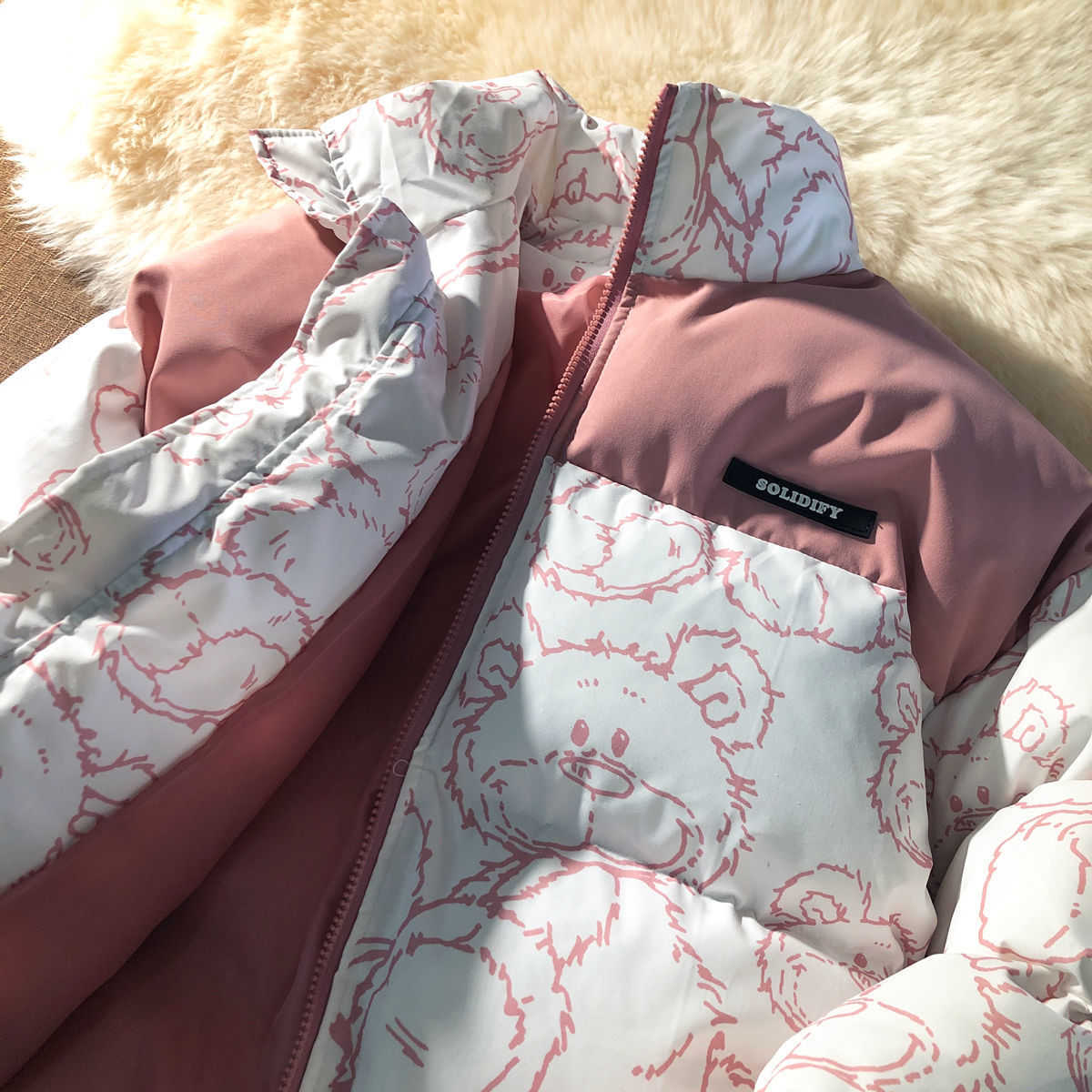 Fashion Cartoons Printed Cotton Windbreaker Jacket Zip Coats Jackets Winter Women Warm Thicken Outwear Loose Parka Coat 210819