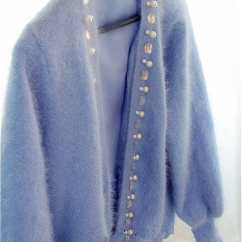 Women Cardigans Sweater Beaded Pearl Female Mohair Knitted Blue Autumn For 210520