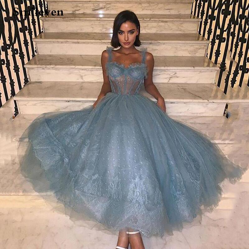 Tea Length Blue Prom Dress 2020 Spaghetti Straps Vestido De Festa Simple Formal Party Gowns Special Occasion Prom Gowns