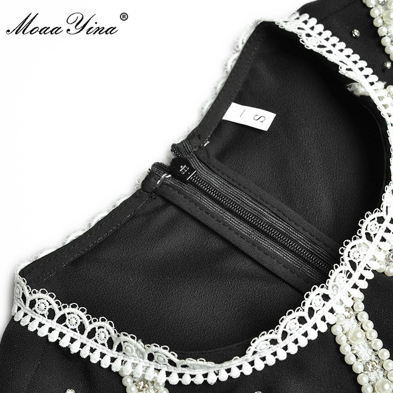 Summer Fashion Runway Black Mini Dress Women's Splicing Puff sleeve Beading High waist Short Party Vestidos 210524