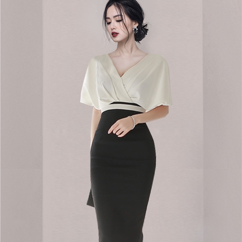 Women Office OL Slim Bodycon Short Sleeve Pencil Work Dresses Vestidos Ladies High Waist Hit Color Party Dress Female 210519